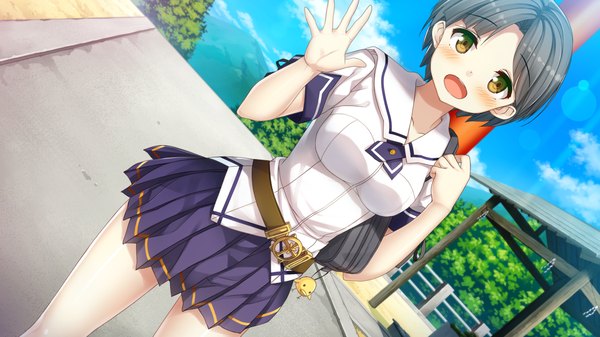 Anime picture 1280x720 with koinaka suzuhara hibiki single looking at viewer blush short hair open mouth black hair wide image brown eyes game cg sky cloud (clouds) girl skirt uniform school uniform
