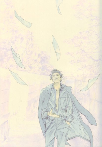 Anime picture 2424x3500 with asada hiroyuki tall image highres short hair blue hair open clothes hand in pocket boy plant (plants) tree (trees) chain cloak paper cigarette