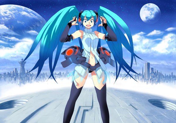 Anime picture 2480x1748 with vocaloid vocaloid append hatsune miku hatsune miku (append) tagme (artist) highres blue eyes light erotic twintails green hair city girl thighhighs planet