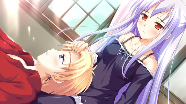 Anime picture 1920x1080 with shukufuku no campanella chelsea arcot leicester maycraft long hair blush highres short hair blue eyes blonde hair wide image game cg purple hair orange eyes girl boy