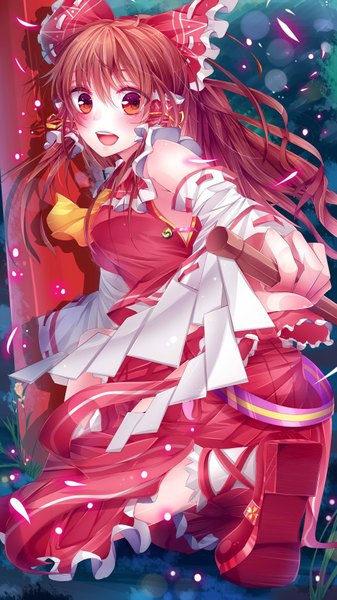 Anime picture 1000x1777 with touhou hakurei reimu rukito single long hair tall image blush open mouth red eyes red hair miko girl bow hair bow detached sleeves torii gohei