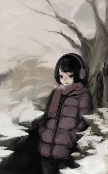 Anime picture 993x1600 with original tsubuan single tall image fringe short hair black hair black eyes winter snow exhalation hands in pockets bare tree cold girl plant (plants) tree (trees) jacket headphones scarf