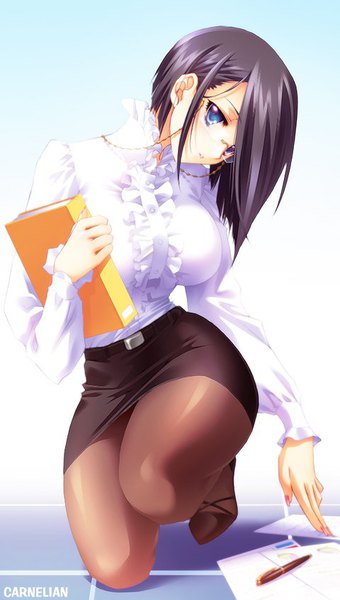 Anime picture 480x846 with original carnelian single tall image short hair breasts blue eyes light erotic black hair simple background large breasts holding signed long sleeves nail polish head tilt kneeling gradient background looking down squat