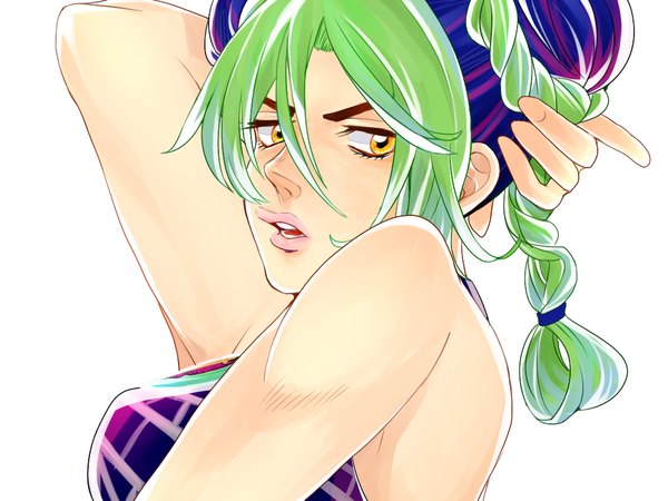 Anime picture 1024x768 with jojo no kimyou na bouken kujo jolyne haruyasu single short hair open mouth simple background white background bare shoulders yellow eyes looking away purple hair multicolored hair green hair lips two-tone hair portrait arm behind head girl