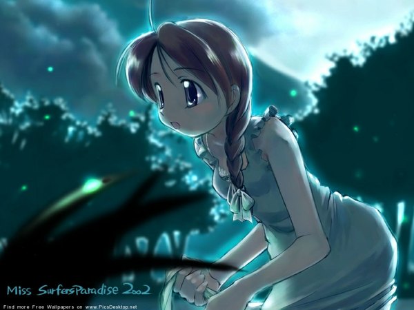 Anime picture 1152x864 with miss surfersparadise single long hair open mouth blue eyes brown hair braid (braids) night soft beauty girl plant (plants) tree (trees) sundress