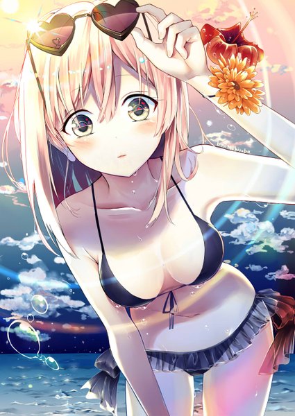 Anime picture 1000x1412 with original kouyafu single long hair tall image looking at viewer blush fringe light erotic hair between eyes signed yellow eyes pink hair cloud (clouds) sunlight night wet leaning leaning forward night sky