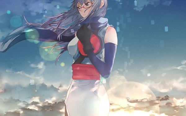 Anime picture 1000x628 with gintama sunrise (studio) sarutobi ayame djyui single long hair blush breasts blue eyes large breasts standing looking away sky purple hair cloud (clouds) wind sunlight girl gloves glasses