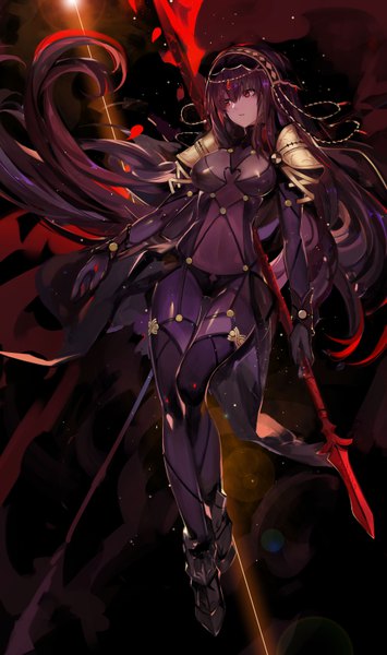 Anime picture 4000x6760 with fate (series) fate/grand order scathach (fate) (all) scathach (fate) saberiii single tall image highres light erotic red eyes holding looking away absurdres purple hair bent knee (knees) very long hair parted lips ass visible through thighs dark background girl