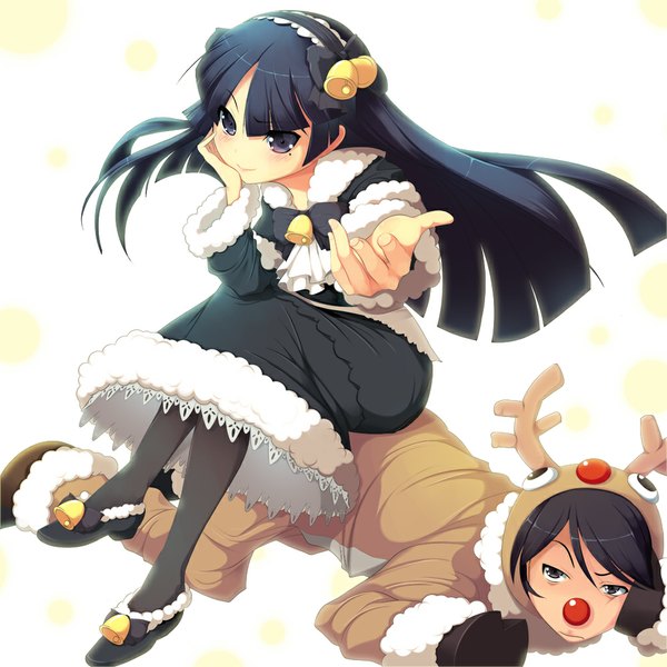 Anime picture 1000x1000 with ore no imouto ga konna ni kawaii wake ga nai gokou ruri koflif long hair black hair sitting horn (horns) black eyes mole mole under eye cosplay girl boy bow headdress maid headdress bell