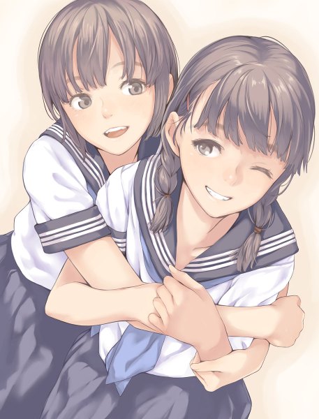 Anime picture 914x1200 with original kamo (gafas) tall image fringe short hair open mouth simple background smile brown hair multiple girls brown eyes looking away braid (braids) one eye closed wink hug twin braids hug from behind girl uniform