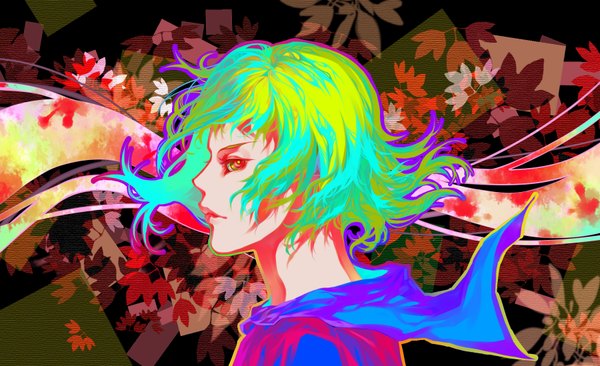 Anime picture 1800x1098 with vocaloid gumi fenbei single highres short hair red eyes wide image profile multicolored hair green hair aqua hair multicolored eyes girl leaf (leaves)