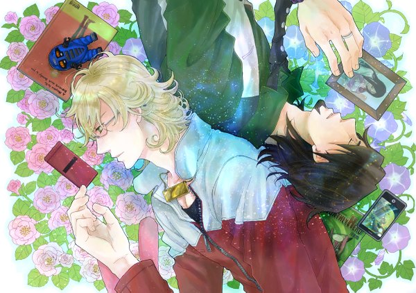 Anime picture 1200x845 with tiger & bunny sunrise (studio) kaburagi t. kotetsu barnaby brooks jr. short hair blonde hair brown hair green eyes lying eyes closed profile back to back boy flower (flowers) shirt glasses necktie jacket rose (roses) book (books)