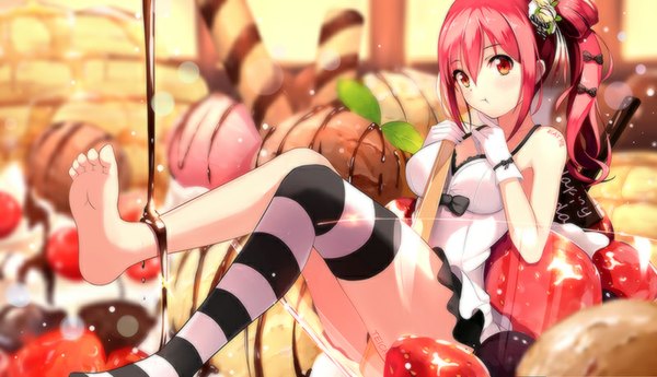 Anime picture 800x460 with original liu guniang single long hair looking at viewer light erotic red eyes wide image pink hair bare legs side ponytail girl thighhighs gloves food white gloves sweets chocolate fishnet stockings