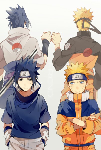 Anime picture 800x1184 with naruto studio pierrot naruto (series) uzumaki naruto uchiha sasuke ekkoe tall image short hair blue eyes blonde hair simple background standing white background blue hair from behind black eyes multiple boys back facial mark crossed arms