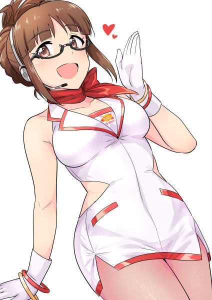 Anime picture 848x1200 with idolmaster akizuki ritsuko tsurui single tall image blush fringe short hair breasts open mouth smile brown hair large breasts standing white background bare shoulders brown eyes payot looking away :d
