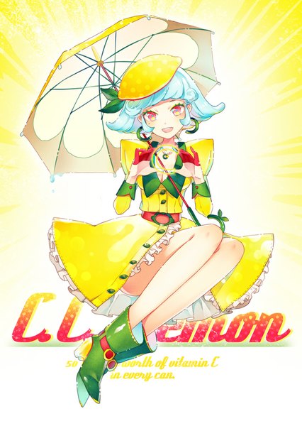 Anime picture 700x985 with original c.c. lemon c.c. lemon (character) siting zeng single tall image looking at viewer blush fringe short hair open mouth sitting blue hair full body pink eyes mole legs mole under eye girl dress