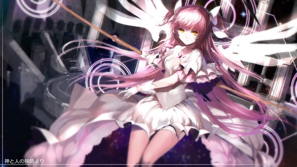 Anime picture 1890x1063 with mahou shoujo madoka magica shaft (studio) kaname madoka goddess madoka swd3e2 single long hair looking at viewer highres wide image yellow eyes pink hair girl dress gloves bow hair bow wings white gloves