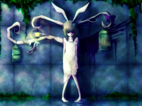 Anime picture 1900x1425 with original memai single long hair looking at viewer fringe highres blonde hair red eyes standing animal ears blunt bangs parted lips barefoot horn (horns) shadow sleeveless glow against wall ripples