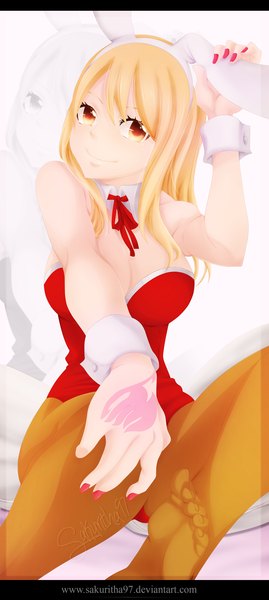 Anime picture 1750x3904 with fairy tail lucy heartfilia sakuritha97 single long hair tall image highres breasts light erotic blonde hair smile large breasts white background brown eyes animal ears nail polish tattoo bunny ears coloring fake animal ears