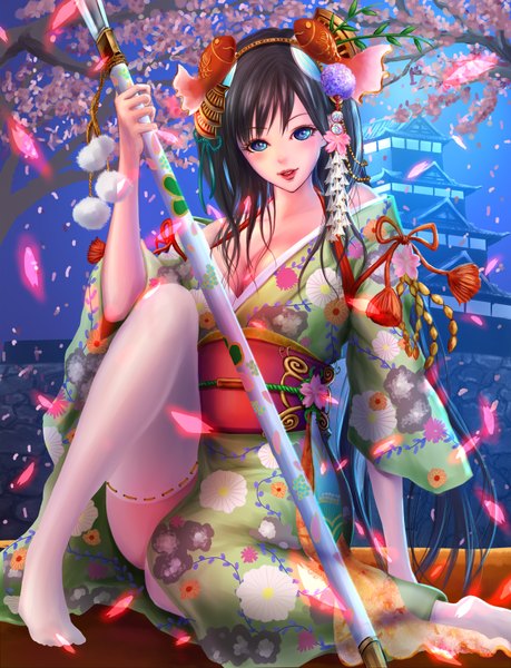 Anime picture 1300x1700 with original copepe single long hair tall image blush fringe breasts blue eyes sitting bare shoulders holding sky cleavage traditional clothes japanese clothes barefoot light smile lips off shoulder