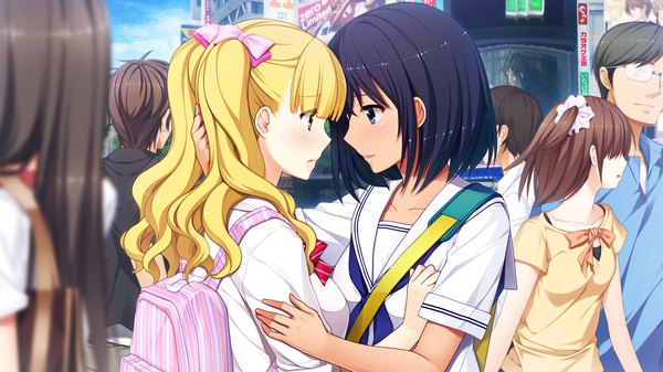 Anime picture 1280x720 with enkou shoujo kawaragi yuuki mitsuki mako koizumi amane long hair blush short hair blue eyes black hair blonde hair wide image multiple girls brown eyes game cg girl uniform 2 girls school uniform scarf people