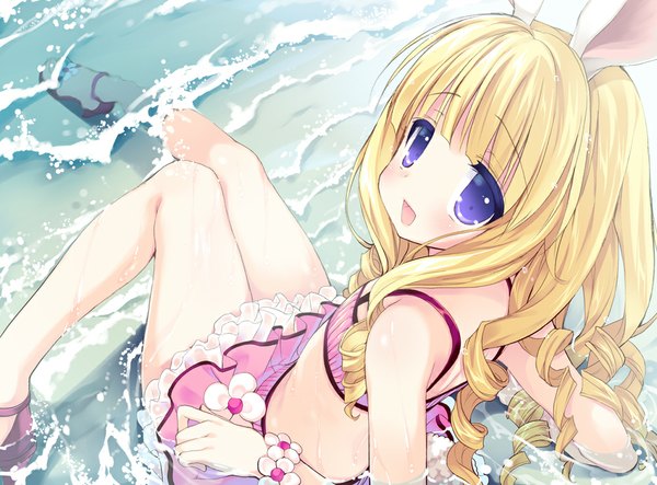 Anime picture 1000x739 with tera online elin (tera) emily (pure dream) single long hair blush open mouth blonde hair purple eyes drill hair girl swimsuit water