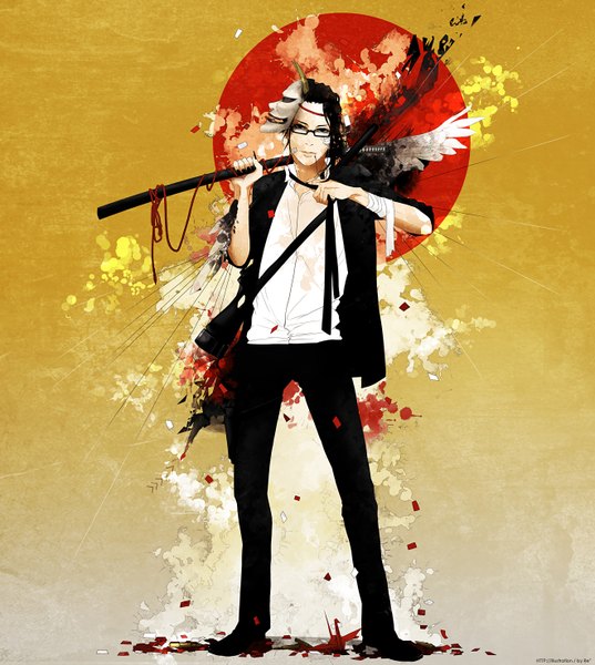 Anime picture 1320x1476 with original re (artist) single tall image looking at viewer short hair black hair black eyes mask on head weapon shirt sword glasses white shirt katana mask bandage (bandages) confetti