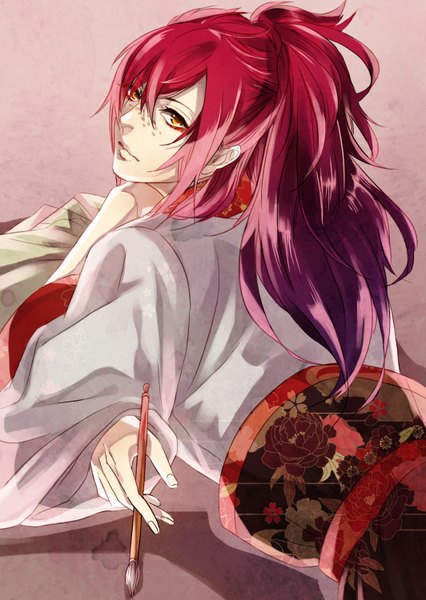Anime picture 1064x1500 with magi the labyrinth of magic a-1 pictures ren koumei amane0623 single long hair tall image looking at viewer simple background holding brown eyes ponytail red hair tail traditional clothes japanese clothes looking back fingernails wide sleeves floral print