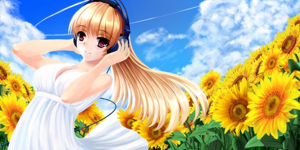 Anime picture 2000x1000 with original furai (blay) single long hair highres blonde hair red eyes wide image sky cloud (clouds) girl headphones sundress sunflower