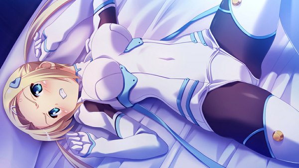 Anime picture 1024x576 with makai tenshi djibril hoshikawa yuzuha single blush blue eyes light erotic blonde hair wide image twintails game cg lying girl gloves hair ornament hairclip pilot suit