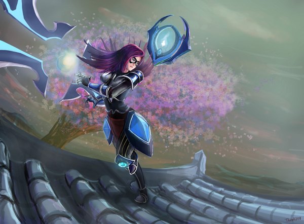 Anime picture 1355x1000 with league of legends irelia (league of legends) single long hair standing purple hair realistic cherry blossoms glowing girl gloves flower (flowers) weapon plant (plants) petals tree (trees) boots armor thigh boots mask