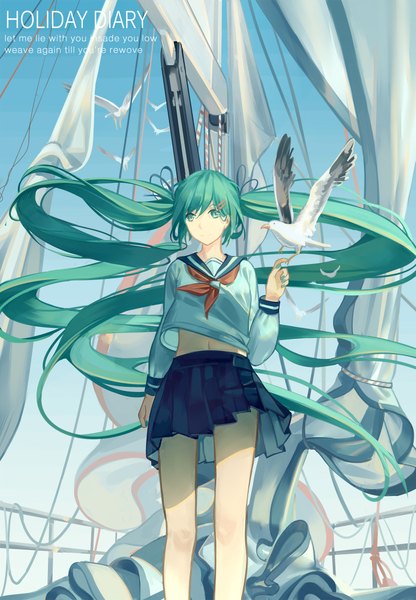 Anime picture 1457x2100 with vocaloid hatsune miku zicai tang tall image fringe standing twintails very long hair pleated skirt aqua eyes wind sunlight aqua hair outstretched arm flying bird on hand girl skirt uniform animal