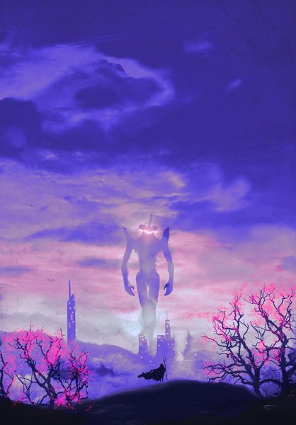 Anime picture 800x1149 with neon genesis evangelion rebuild of evangelion evangelion: 2.0 you can (not) advance gainax eva 06 anato finnstark single tall image standing holding signed sky cloud (clouds) wind cherry blossoms city glowing evening sunset cityscape