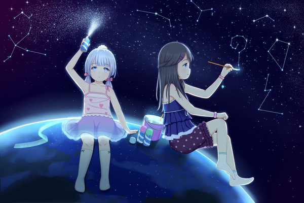 Anime picture 3840x2560 with original abwan long hair highres blue eyes black hair sitting twintails multiple girls absurdres silver hair full body night no shoes night sky low twintails constellation girl skirt 2 girls