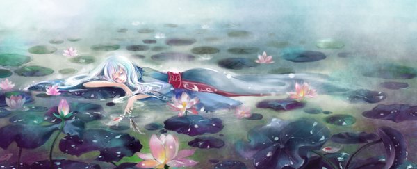 Anime picture 2857x1159 with original vira (artist) long hair highres blue eyes blonde hair wide image silver hair white hair lying traditional clothes fog lake girl flower (flowers) water fish (fishes) water lily