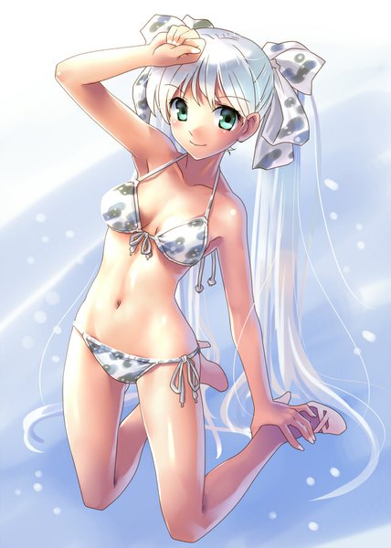 Anime picture 642x900 with original katahira masashi single long hair tall image blush breasts light erotic twintails bare shoulders green eyes white hair bare belly high heels kneeling hand on head girl navel bow hair bow