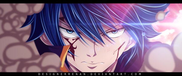 Anime picture 1900x802 with fairy tail jellal fernandes designerrenan single highres short hair blue eyes wide image blue hair sunlight tattoo coloring facial mark close-up smoke face boy blood