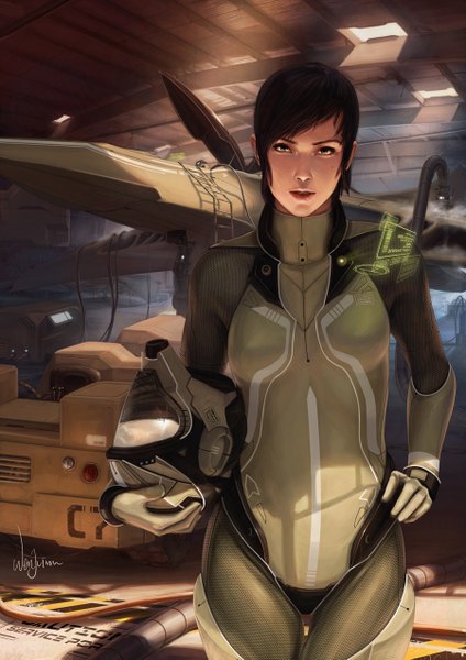 Anime picture 900x1273 with metal gear metal gear solid original konami poibuts single tall image looking at viewer short hair black hair yellow eyes lips mole hand on hip girl suit helmet