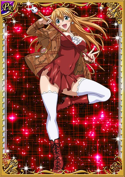 Anime picture 567x800 with ikkitousen sonsaku hakufu single long hair tall image looking at viewer blush open mouth light erotic blonde hair smile standing green eyes sparkle happy standing on one leg card (medium) girl thighhighs navel