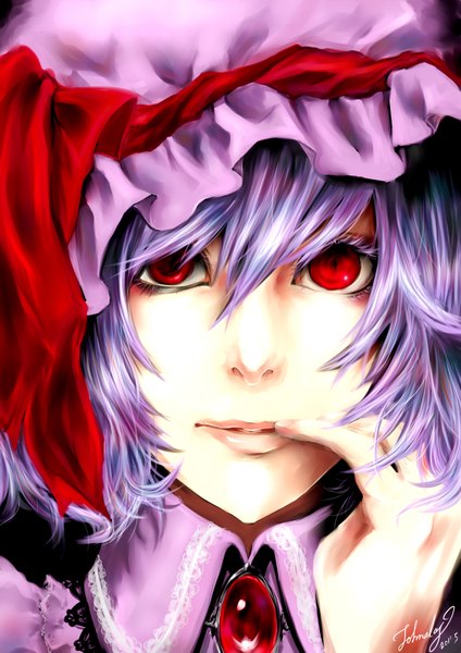 Anime picture 2480x3507 with touhou remilia scarlet johnalay (artist) single tall image highres short hair red eyes purple hair portrait close-up face pale skin girl bonnet