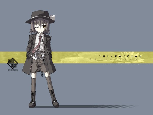 Anime picture 1600x1200 with touhou usami renko red (red-sight) single looking at viewer fringe short hair hair between eyes standing yellow eyes full body one eye closed grey hair grey background shadow lacing hands in pockets girl thighhighs skirt