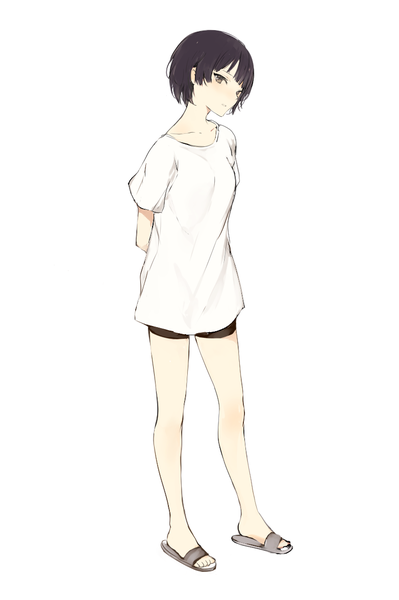 Anime picture 782x1176 with original lpip single tall image looking at viewer blush short hair black hair simple background standing white background full body head tilt grey eyes hands behind back girl shoes shorts t-shirt slippers
