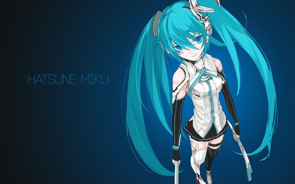 Anime picture 1920x1200 with vocaloid hatsune miku assassinwarrior yumeko (tokiti) single long hair fringe highres breasts blue eyes smile standing holding looking away from above aqua hair wallpaper character names white skin different thighhighs