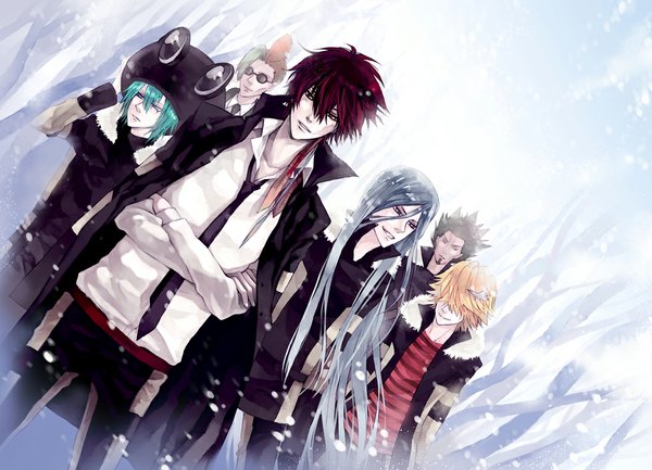 Anime picture 1060x766 with katekyou hitman reborn superbi squalo xanxus belphegor (khr) fran (khr) lussuria leviathan (khr) bian (artist) short hair open mouth blonde hair smile red eyes silver hair red hair very long hair multicolored hair aqua hair two-tone hair snowing