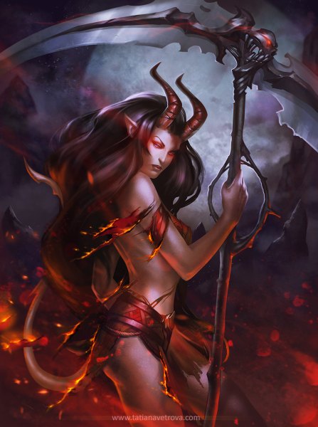 Anime picture 894x1200 with vetrova single long hair tall image looking at viewer black hair red eyes bare shoulders signed tail horn (horns) pointy ears torn clothes demon girl demon tail oni horns girl weapon moon full moon