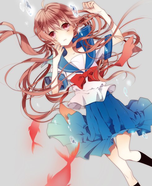 Anime picture 1325x1622 with original naoto (tulip) single long hair tall image simple background brown hair pink eyes tears girl serafuku bowtie fish (fishes)