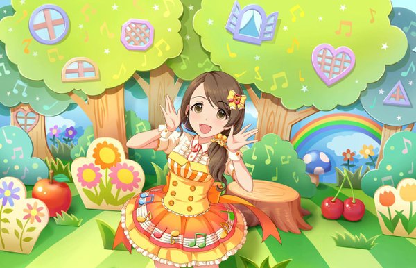 Anime picture 1280x824 with idolmaster idolmaster cinderella girls idolmaster cinderella girls starlight stage mochida arisa single long hair looking at viewer blush open mouth brown hair brown eyes girl dress flower (flowers) bow plant (plants) hair bow tree (trees) fruit apple
