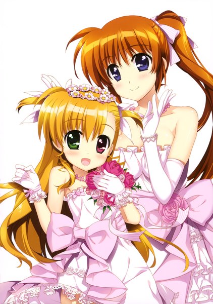 Anime picture 2881x4097 with mahou shoujo lyrical nanoha takamachi nanoha takamachi vivio fujima takuya long hair tall image blush highres open mouth blue eyes simple background blonde hair smile white background multiple girls scan orange hair loli two side up heterochromia