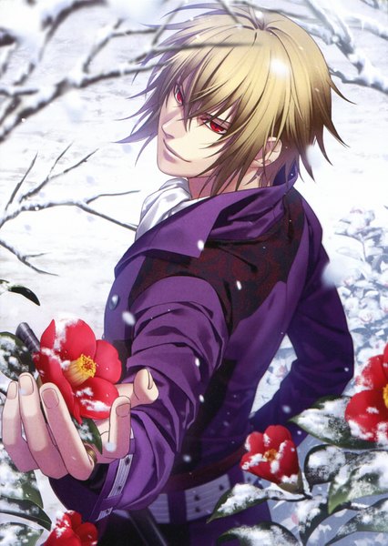 Anime picture 2276x3205 with hakuouki shinsengumi kitan studio deen chikage kazama yone kazuki single tall image looking at viewer fringe highres short hair blonde hair smile red eyes scan official art snowing winter snow outstretched hand boy