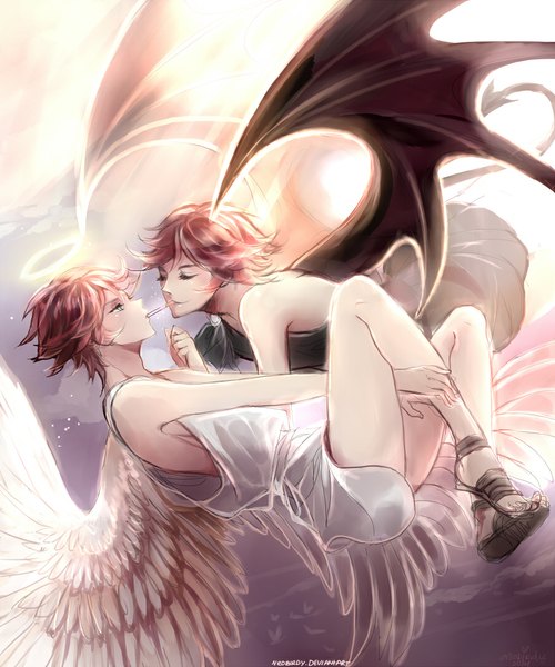 Anime picture 900x1080 with original neobirdy (artist) tall image short hair blue eyes brown hair bare shoulders holding red hair tail profile sunlight multiple boys bare legs sleeveless couple mouth hold flying angel wings demon tail